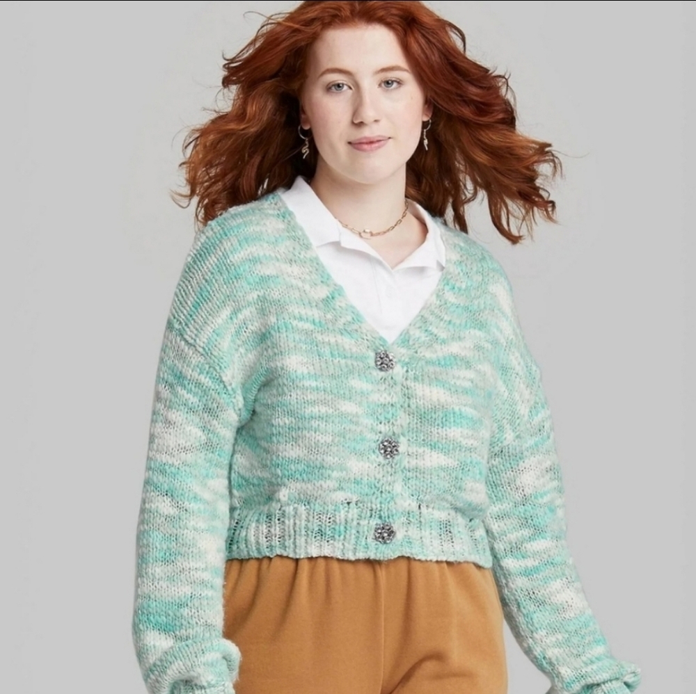 Women's Wild Fable Button Front Cropped Cardigan Mint Green NWT